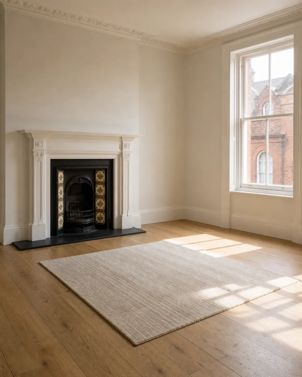 An empty period living room stripped for handover, with a tiled cast-iron fireplace, bare oak boards, a jute rug and a sash window